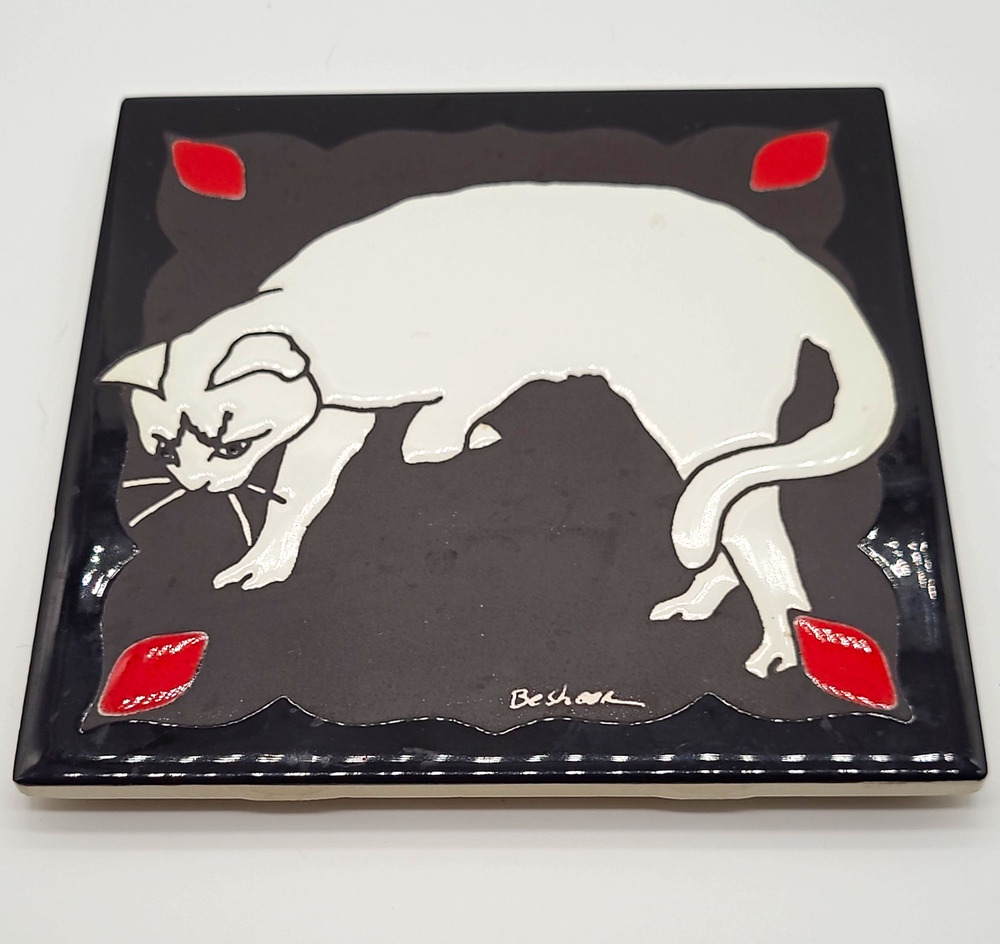 Vintage Besheer Art Tile White Cat Hand Painted Ceramic Trivet New Hampshire 6X6